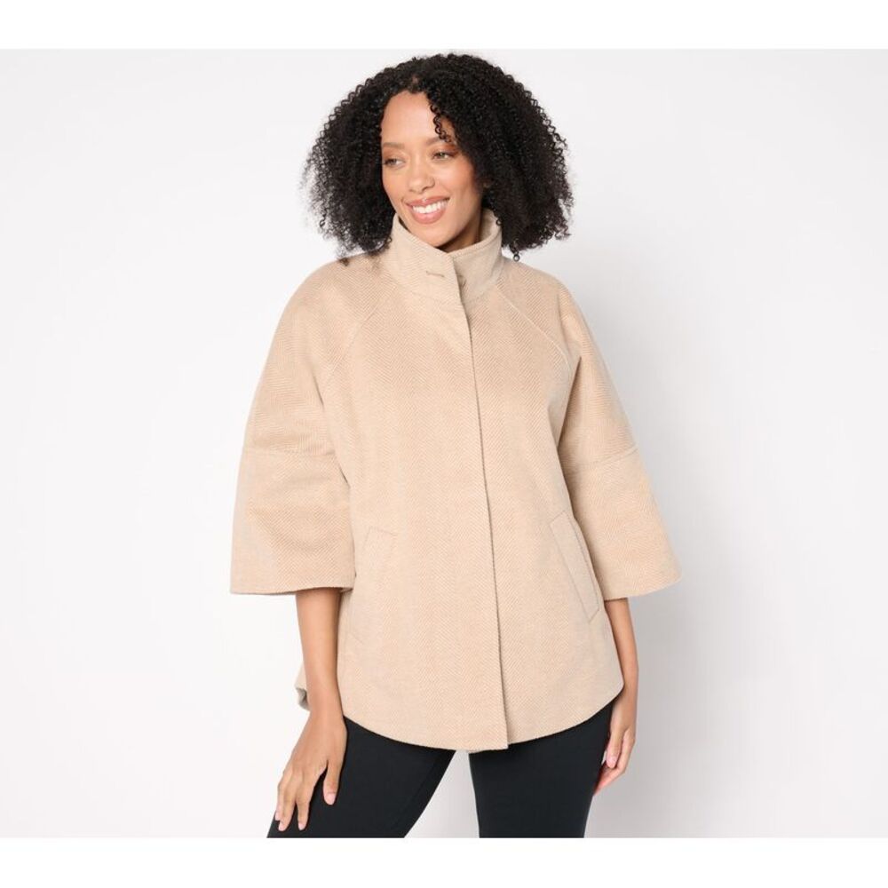 Dennis Basso Women's Plus Sz Jacket 1X Herringb Capelet Sleeves Brown A665100